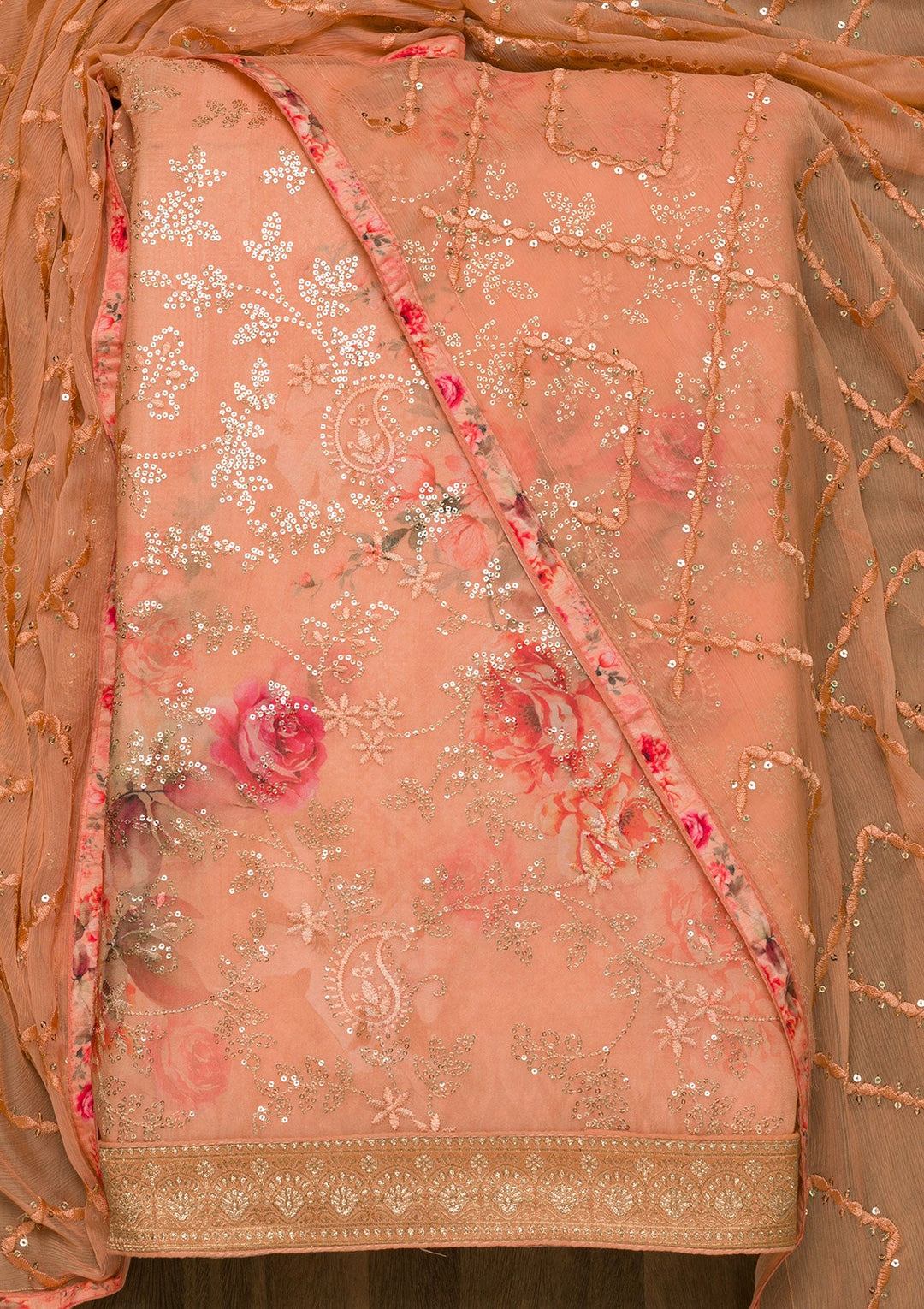 Peach Sequins Georgette Unstitched Salwar Suit-Koskii