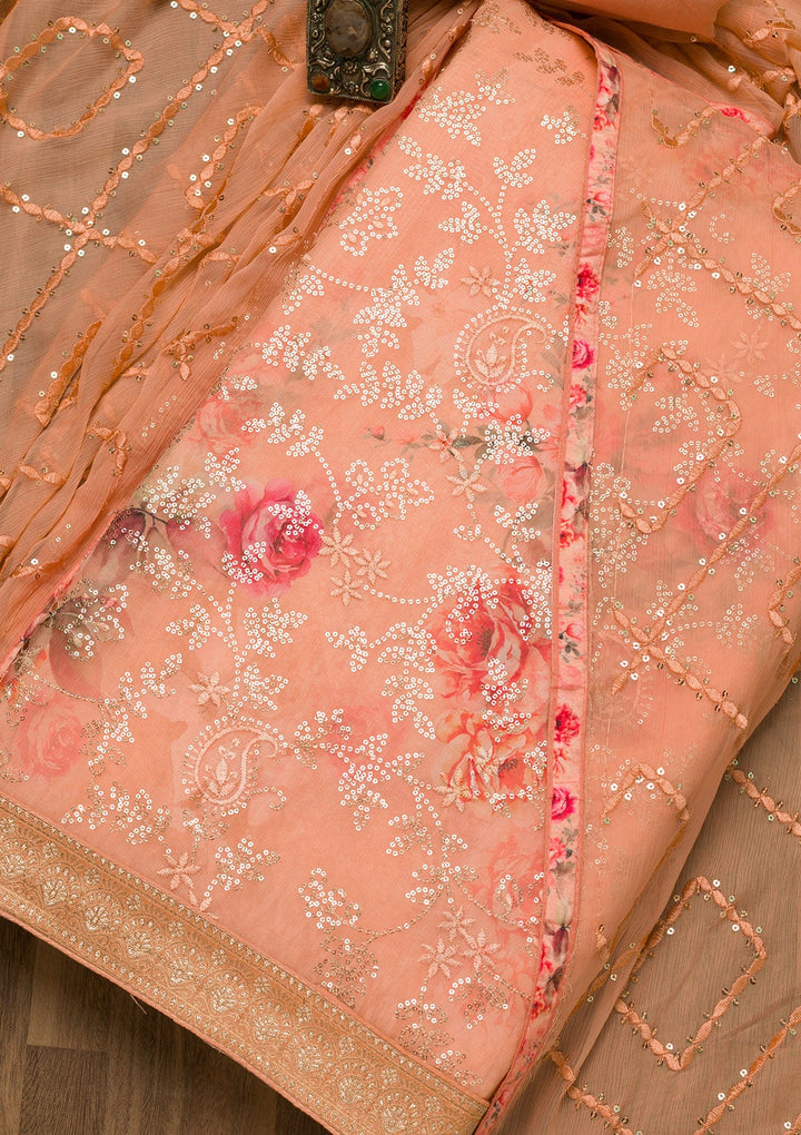 Peach Sequins Georgette Unstitched Salwar Suit-Koskii