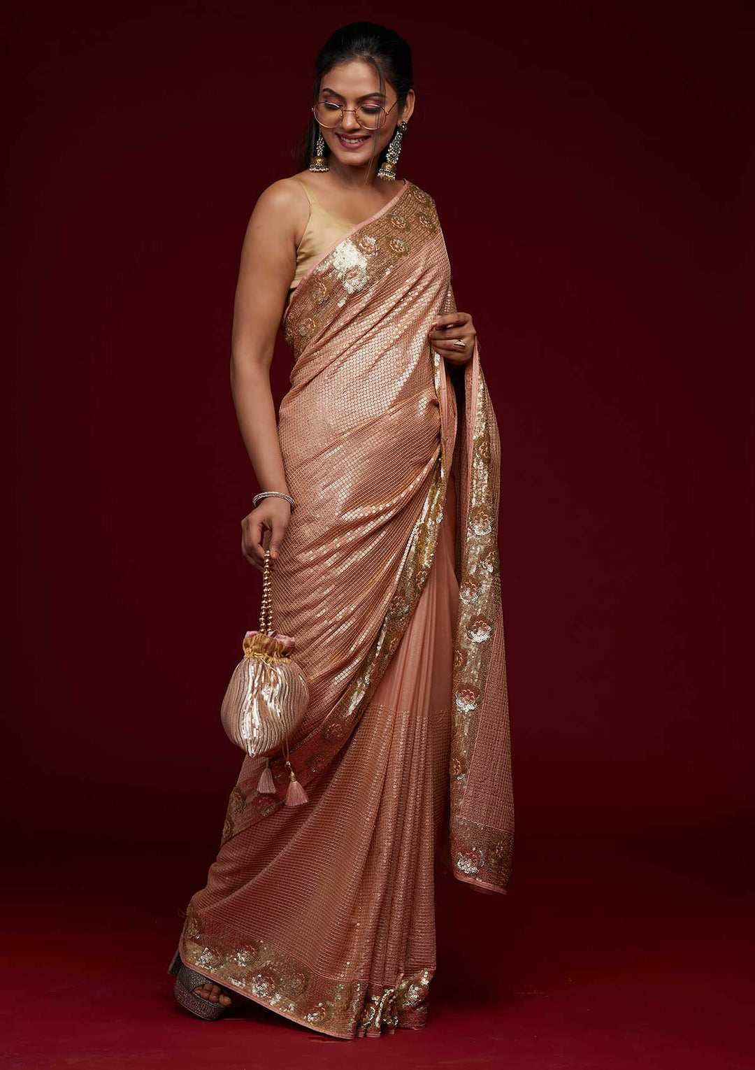 Peach Sequins Georgette Saree-Koskii