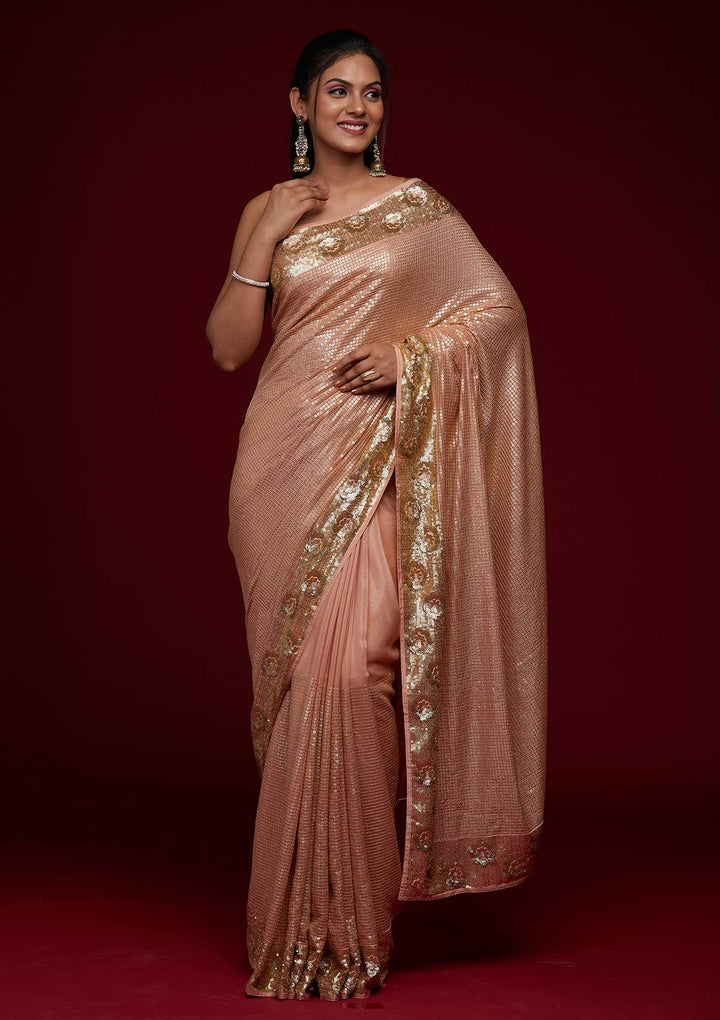 Peach Sequins Georgette Saree-Koskii
