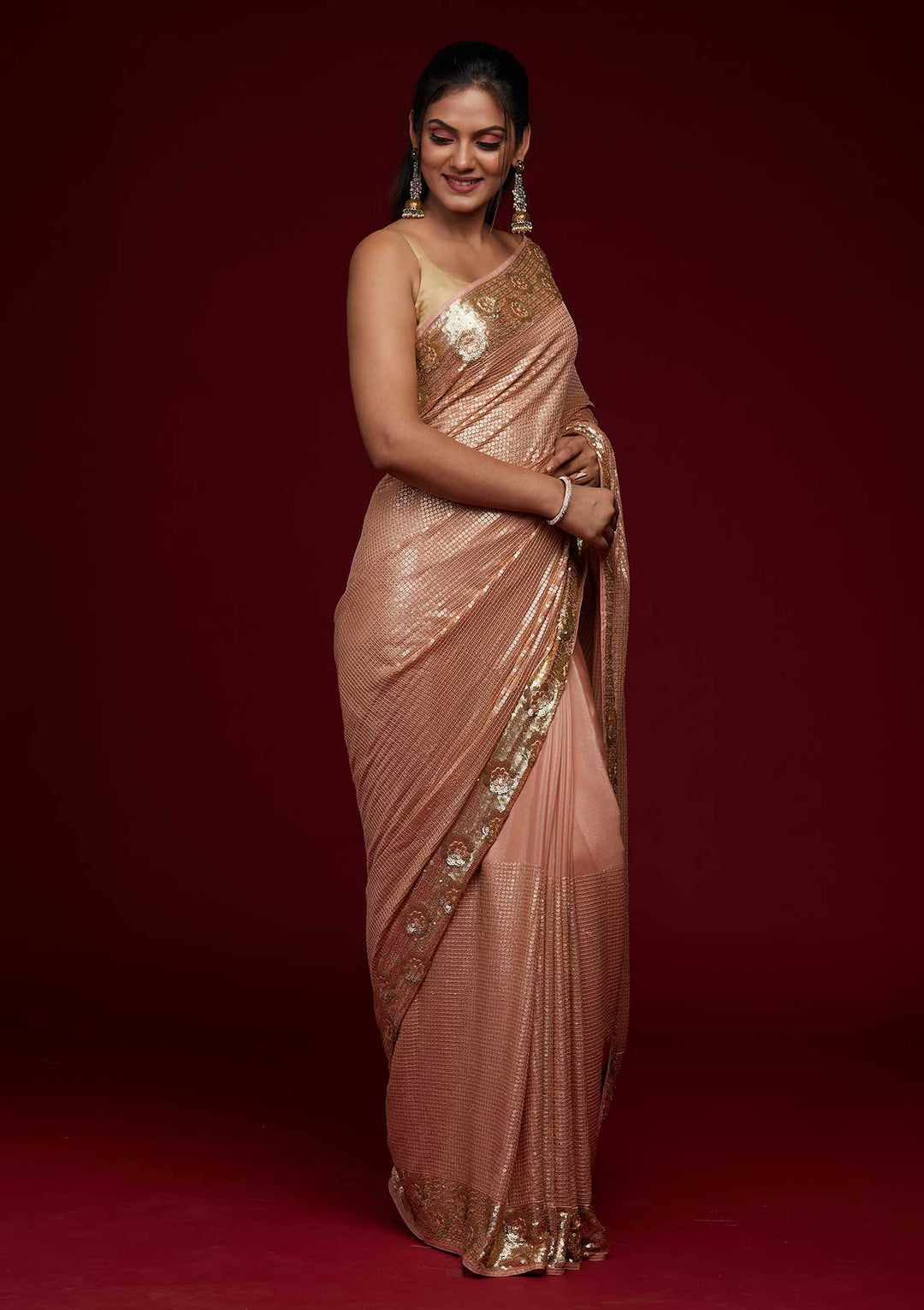 Peach Sequins Georgette Saree-Koskii