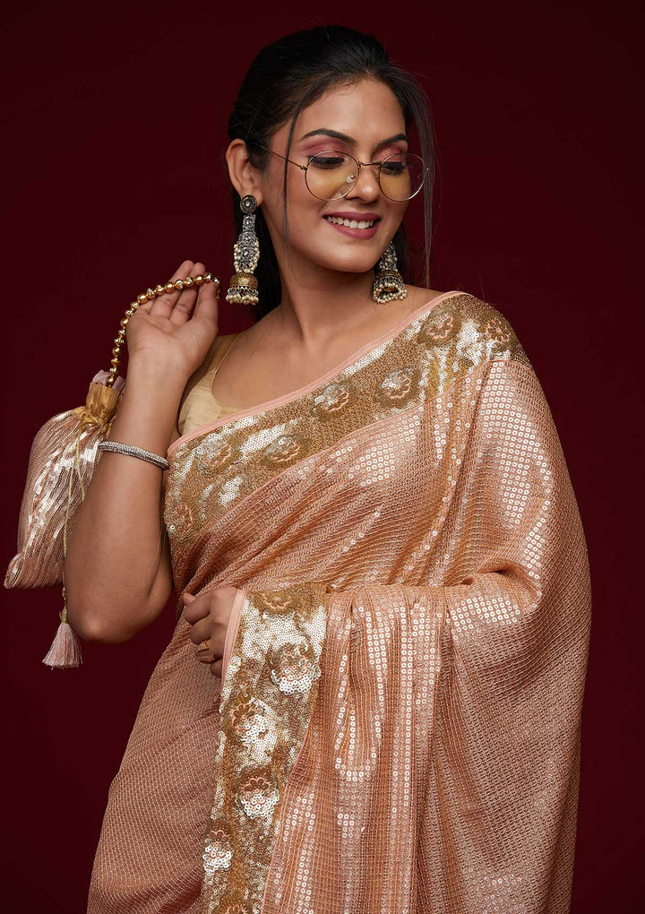 Peach Sequins Georgette Saree-Koskii