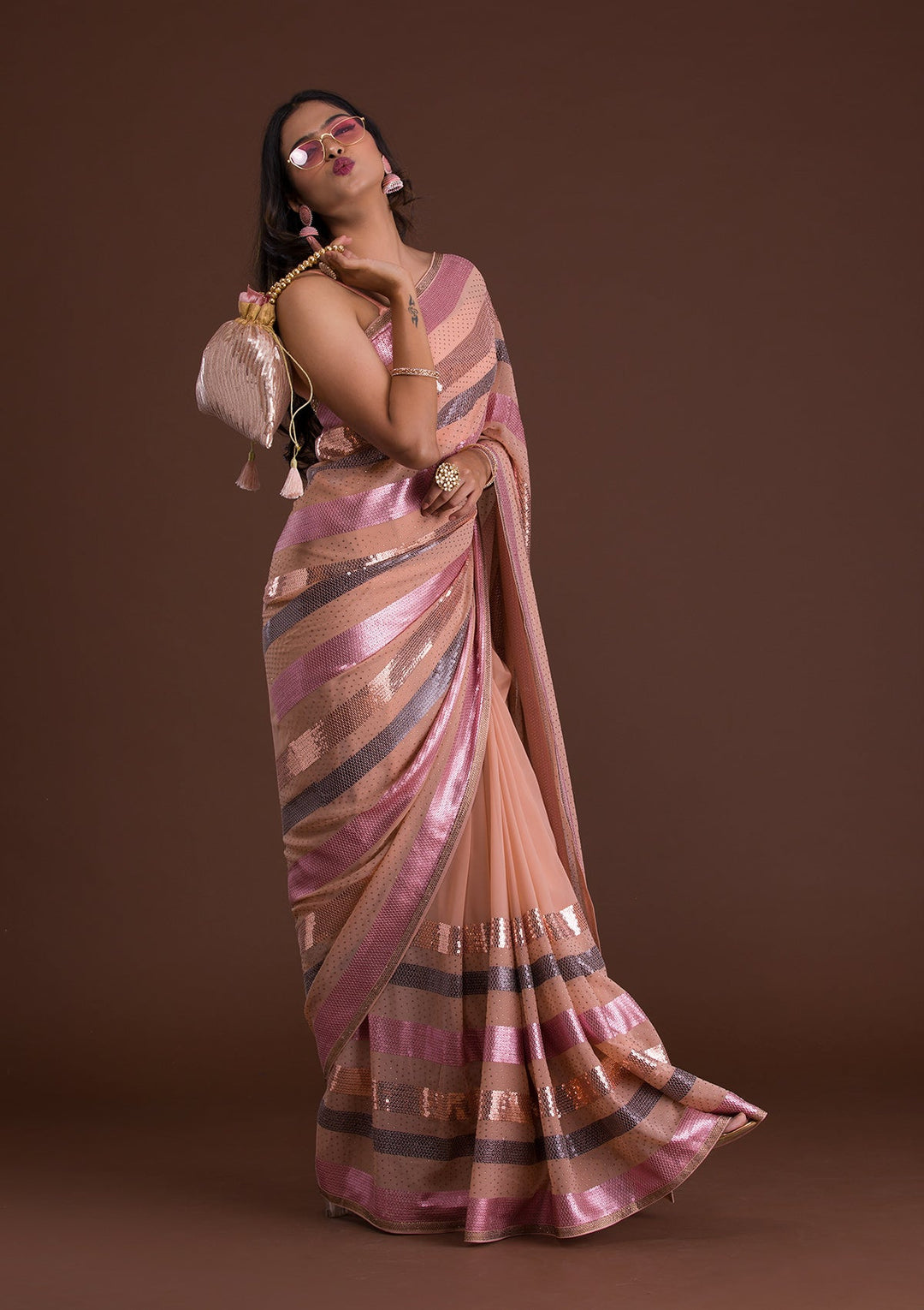 Peach Sequins Georgette Saree-Koskii