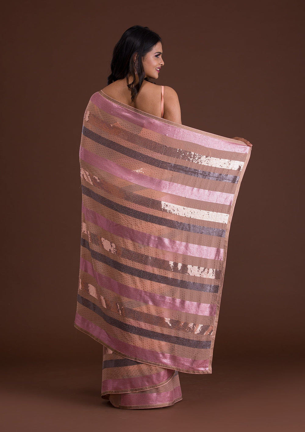 Peach Sequins Georgette Saree-Koskii