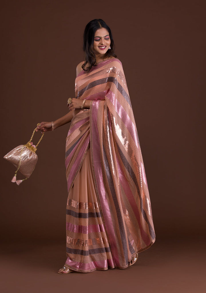 Peach Sequins Georgette Saree-Koskii