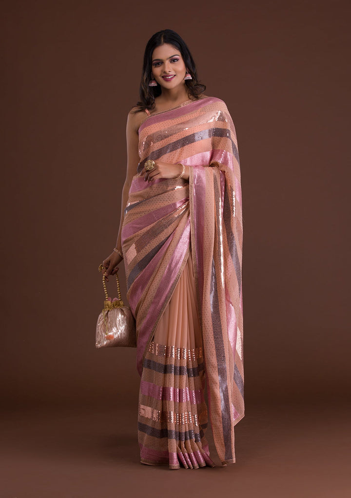 Peach Sequins Georgette Saree-Koskii