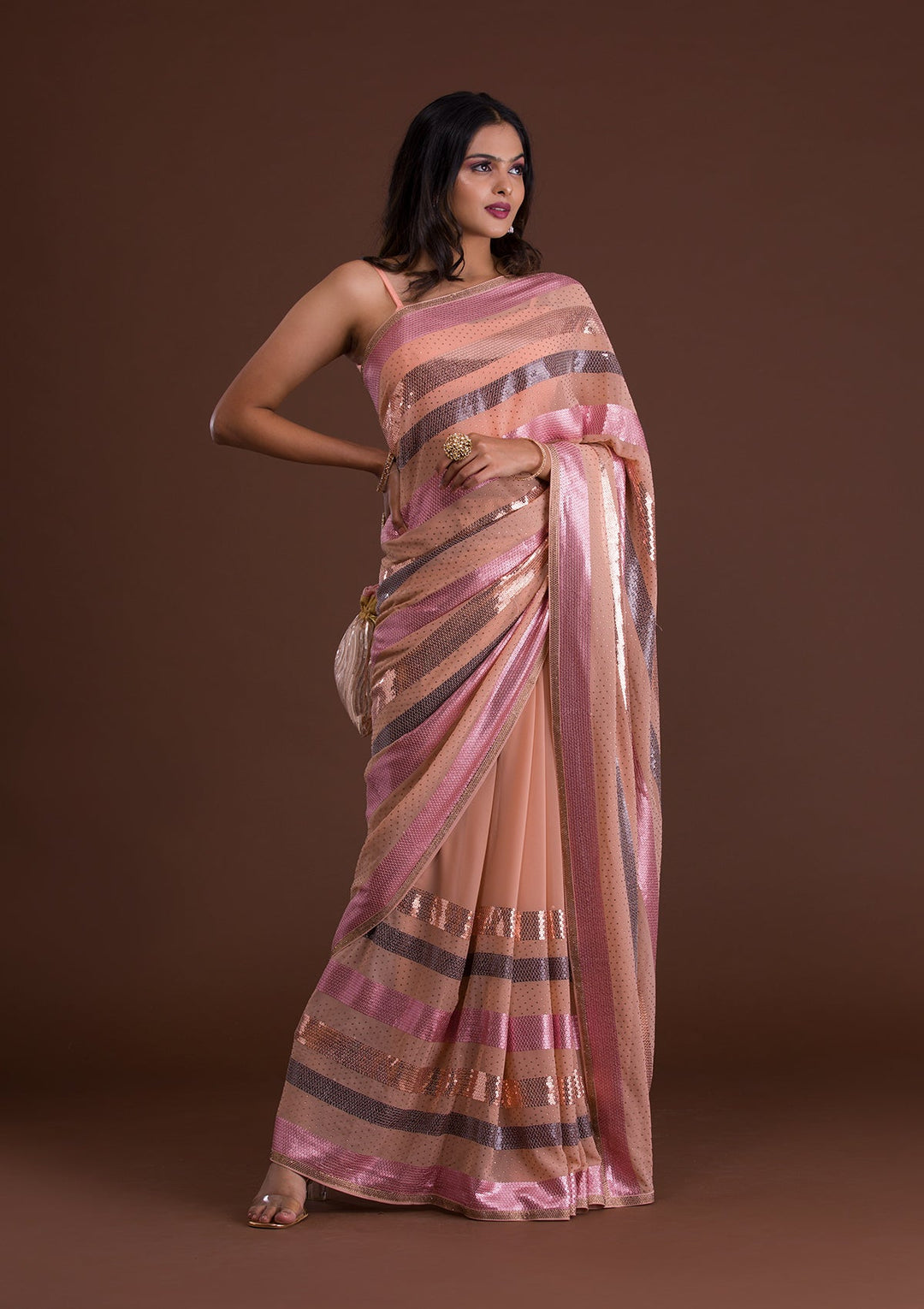 Peach Sequins Georgette Saree-Koskii
