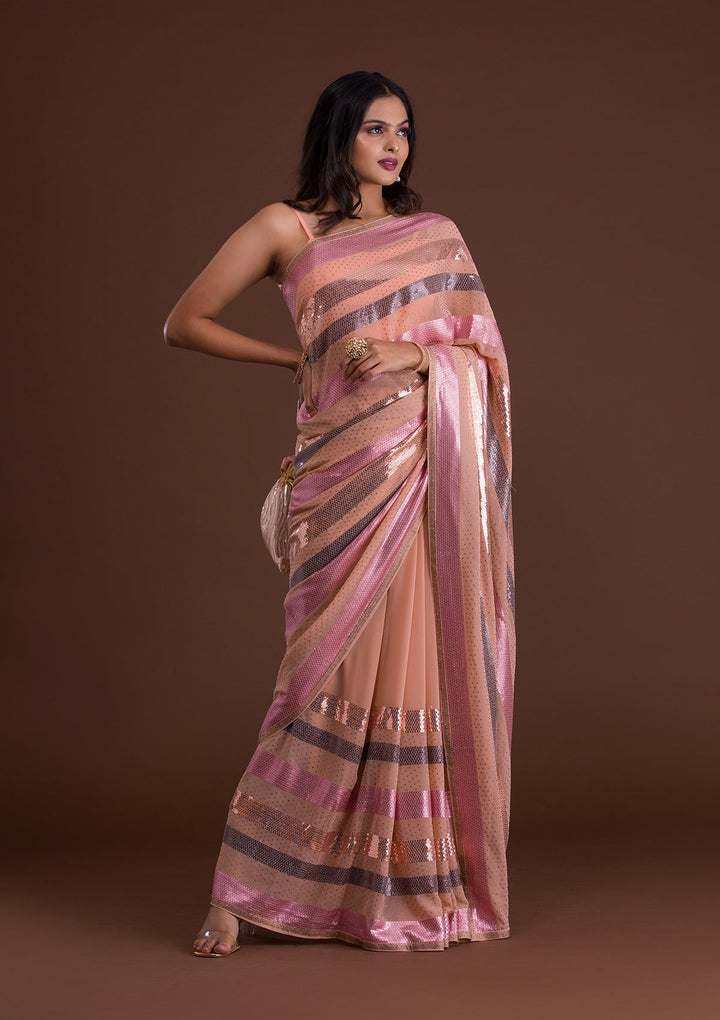 Peach Sequins Georgette Saree-Koskii