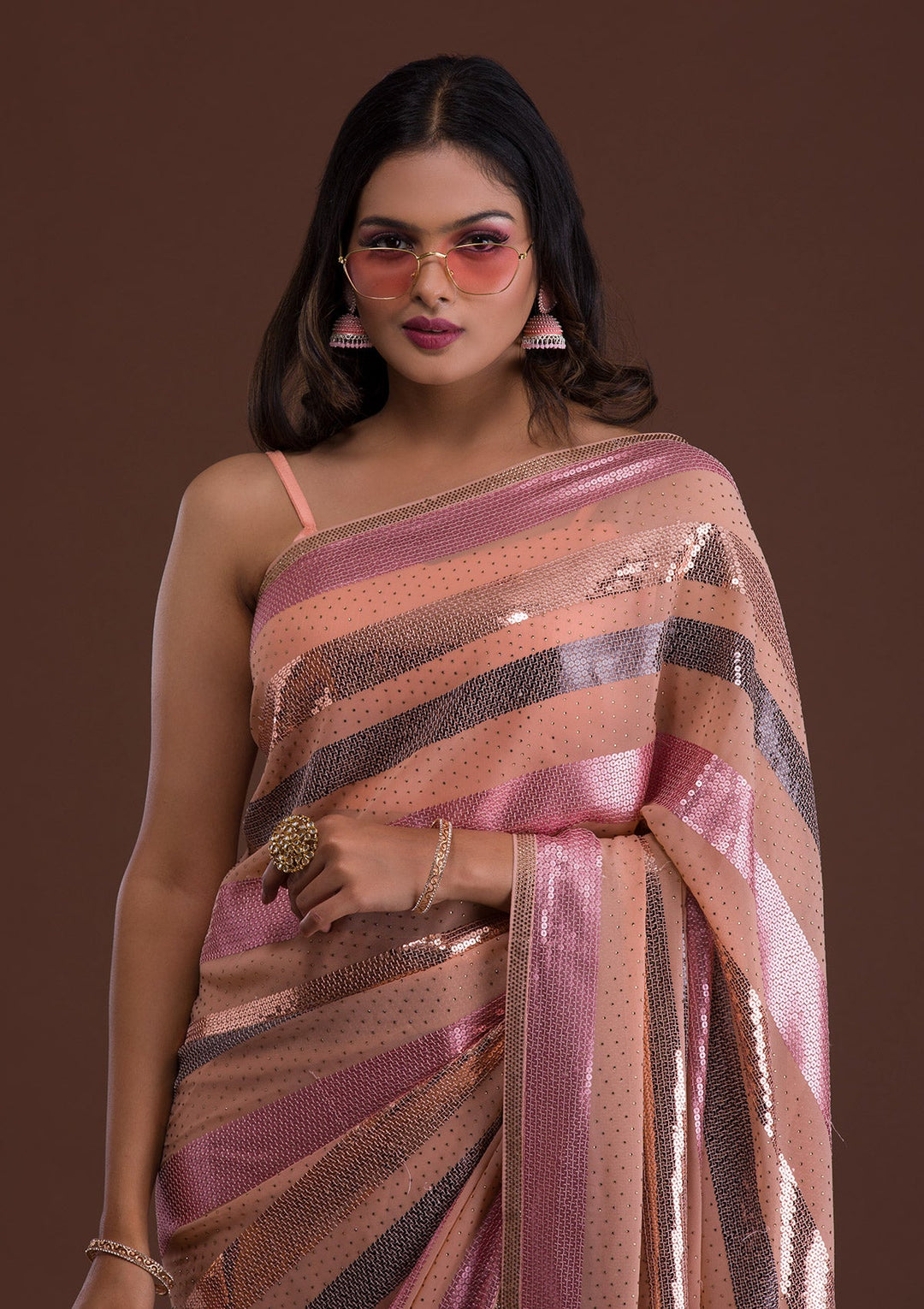 Peach Sequins Georgette Saree-Koskii