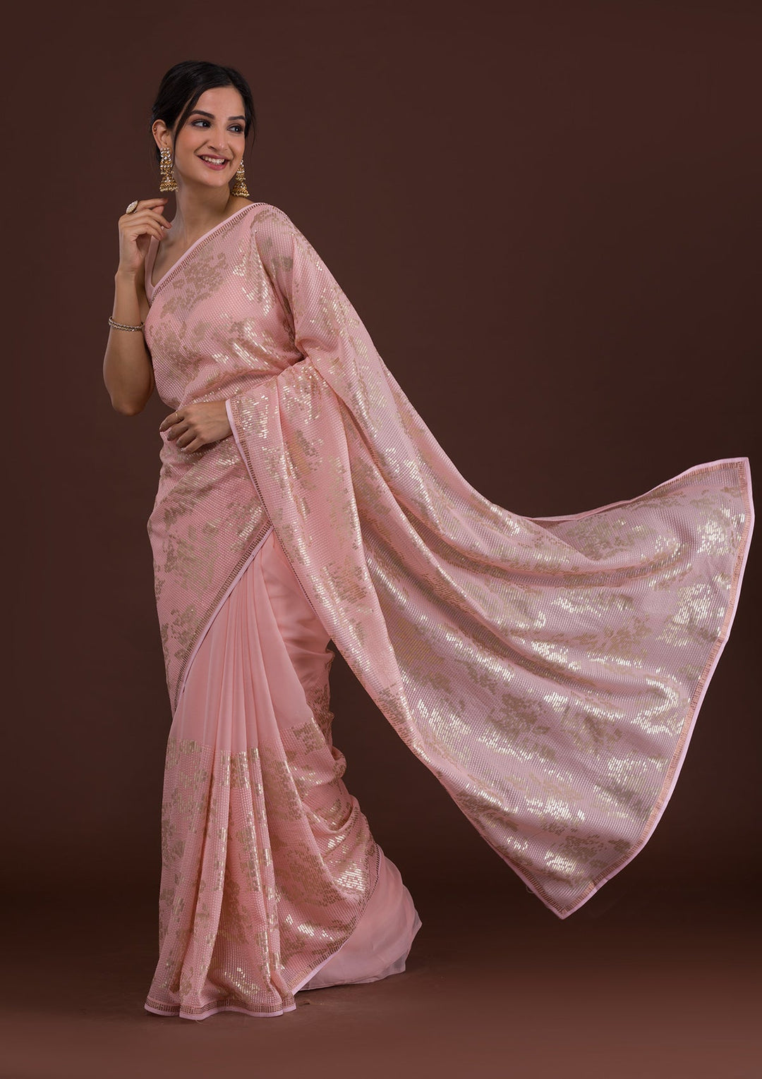 Peach Sequins Georgette Designer Saree-Koskii