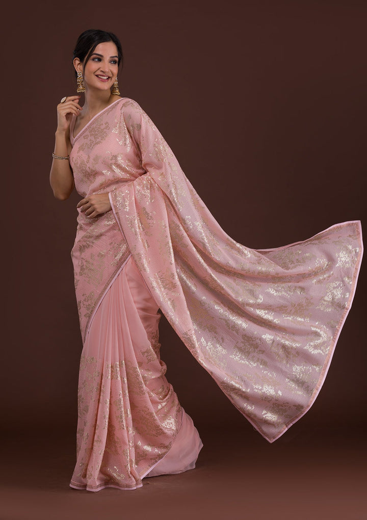 Peach Sequins Georgette Designer Saree-Koskii