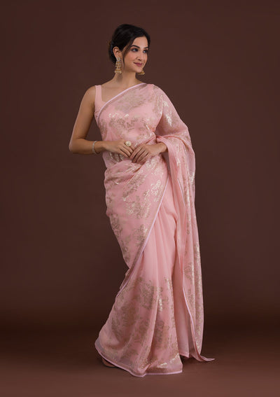 Peach Sequins Georgette Designer Saree-Koskii