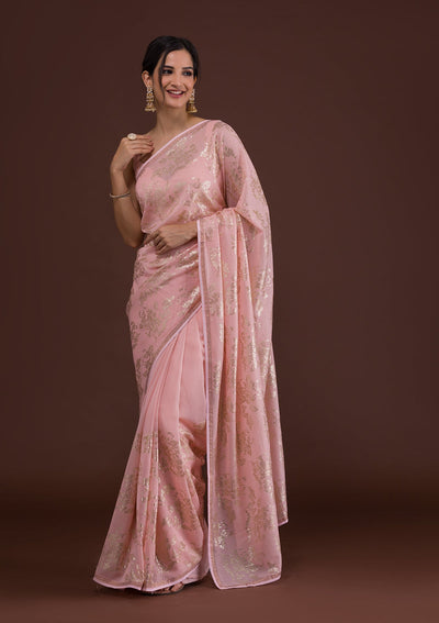 Peach Sequins Georgette Designer Saree-Koskii