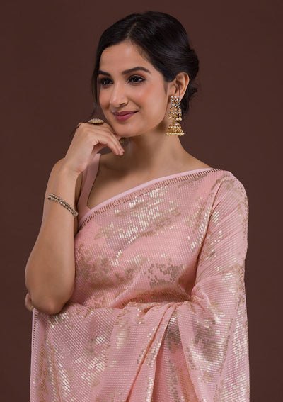 Peach Sequins Georgette Designer Saree-Koskii