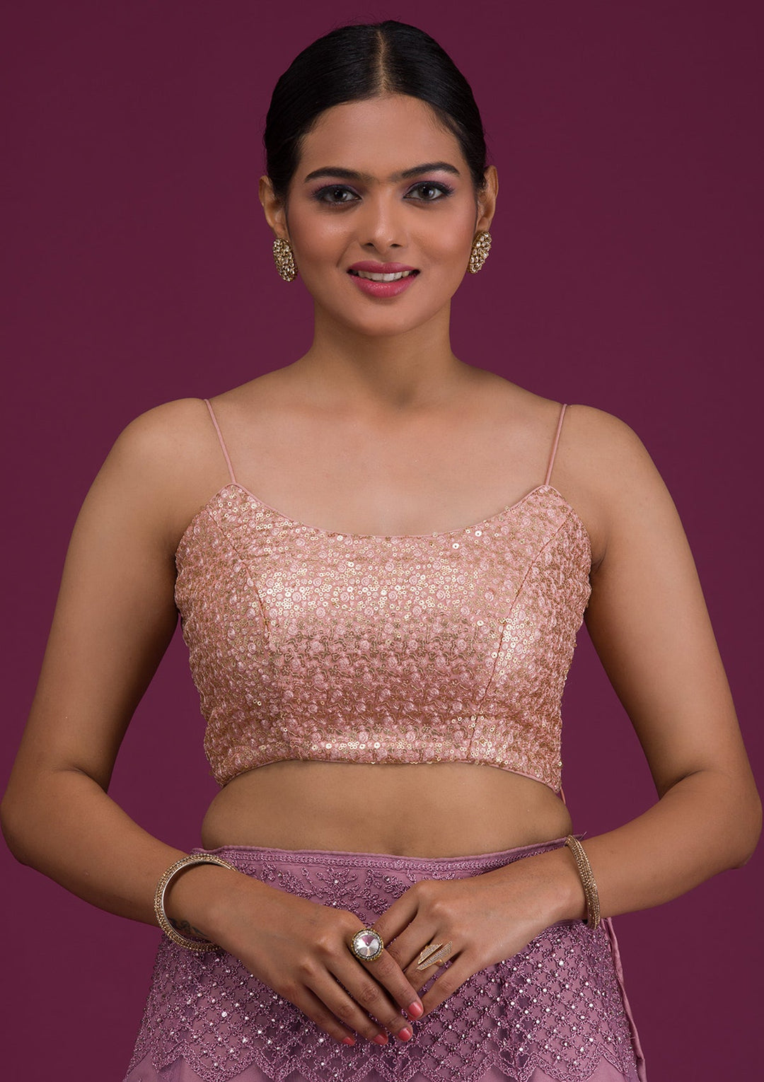 Peach Sequins Net Readymade Blouse-Koskii