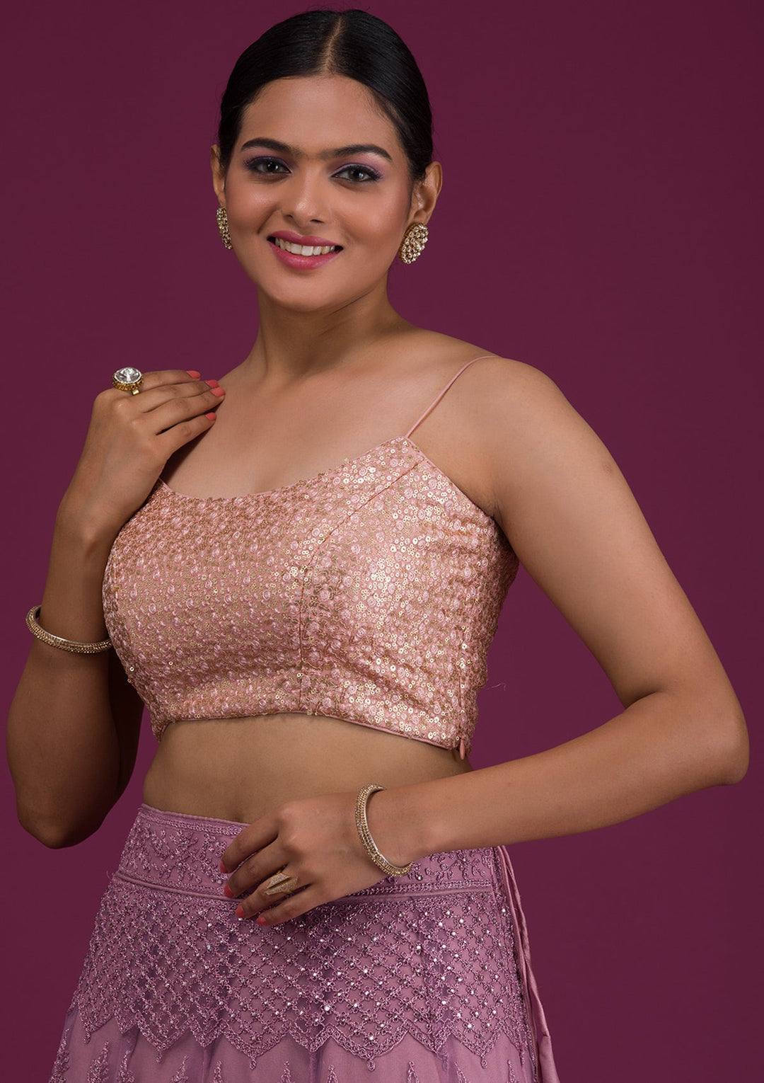 Peach Sequins Net Readymade Blouse-Koskii