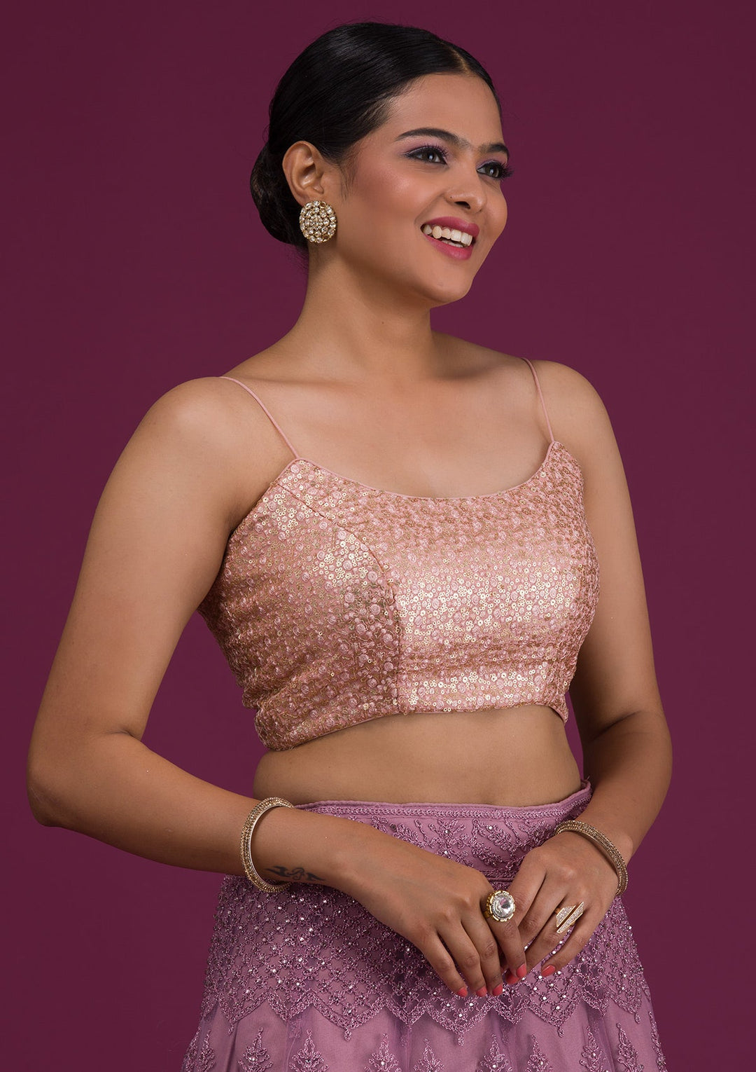 Peach Sequins Net Readymade Blouse-Koskii