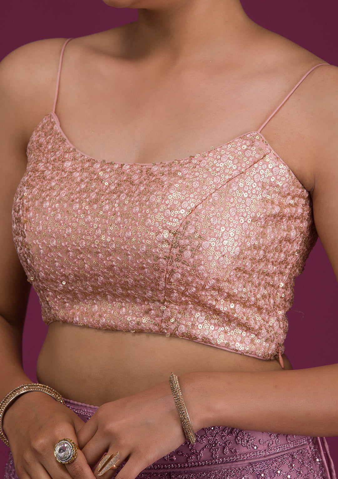 Peach Sequins Net Readymade Blouse-Koskii