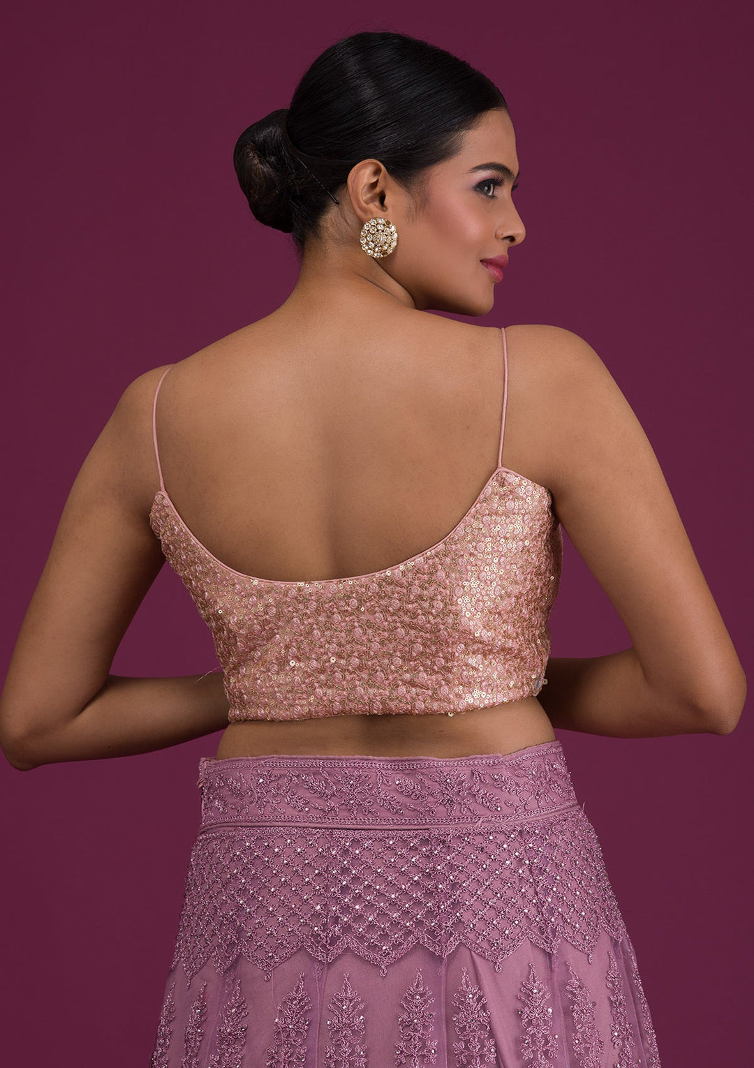 Peach Sequins Net Readymade Blouse-Koskii