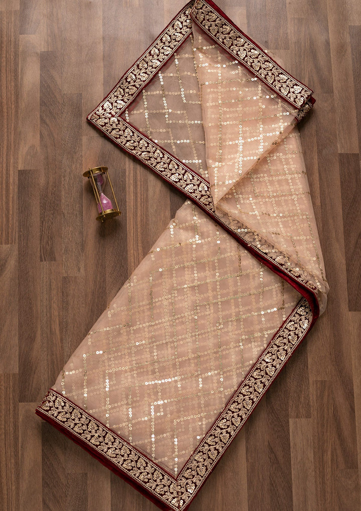 Peach Sequins Net Dupatta-Koskii