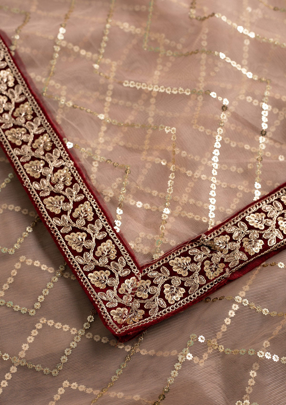 Peach Sequins Net Dupatta-Koskii