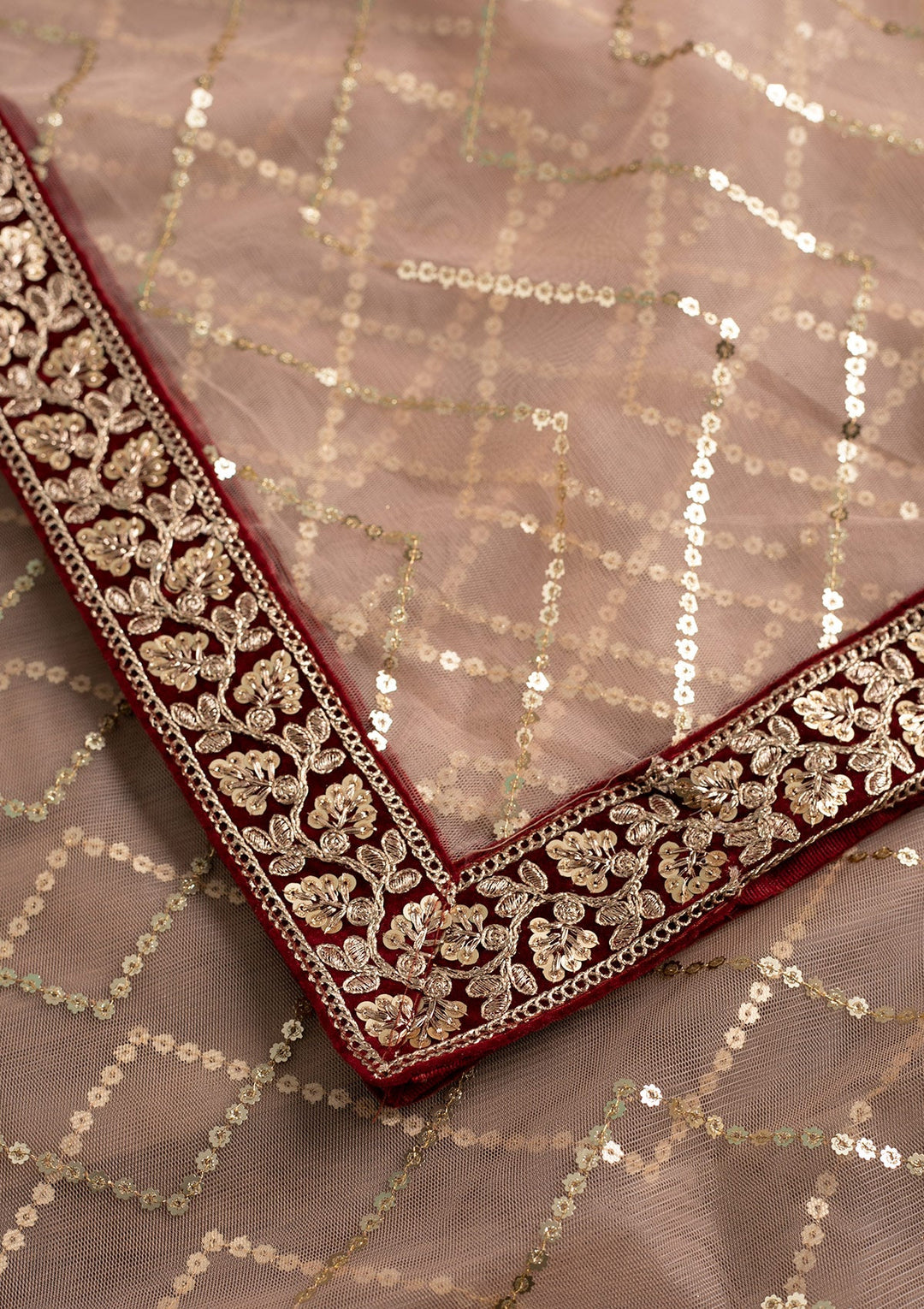 Peach Sequins Net Dupatta-Koskii