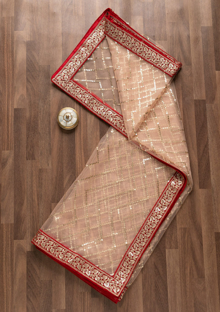Peach Sequins Net Dupatta-Koskii
