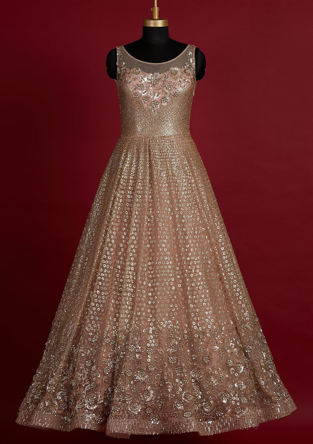 Peach Sequins Net Designer Gown - koskii