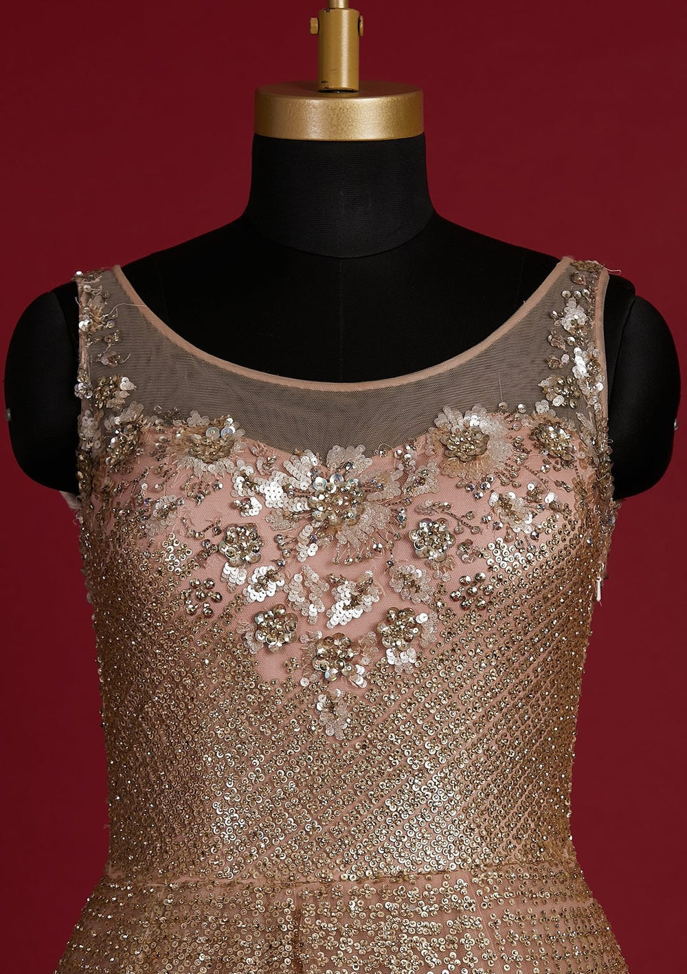 Peach Sequins Net Designer Gown - koskii