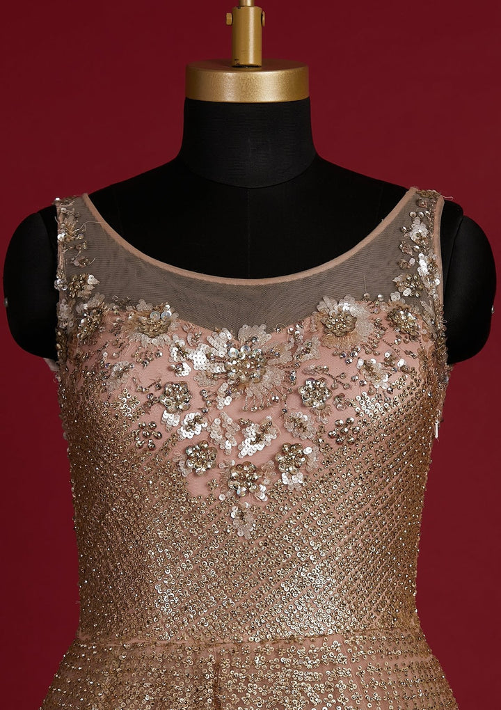 Peach Sequins Net Designer Gown - koskii