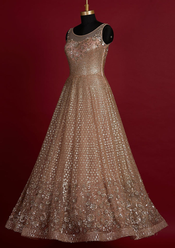 Peach Sequins Net Designer Gown - koskii
