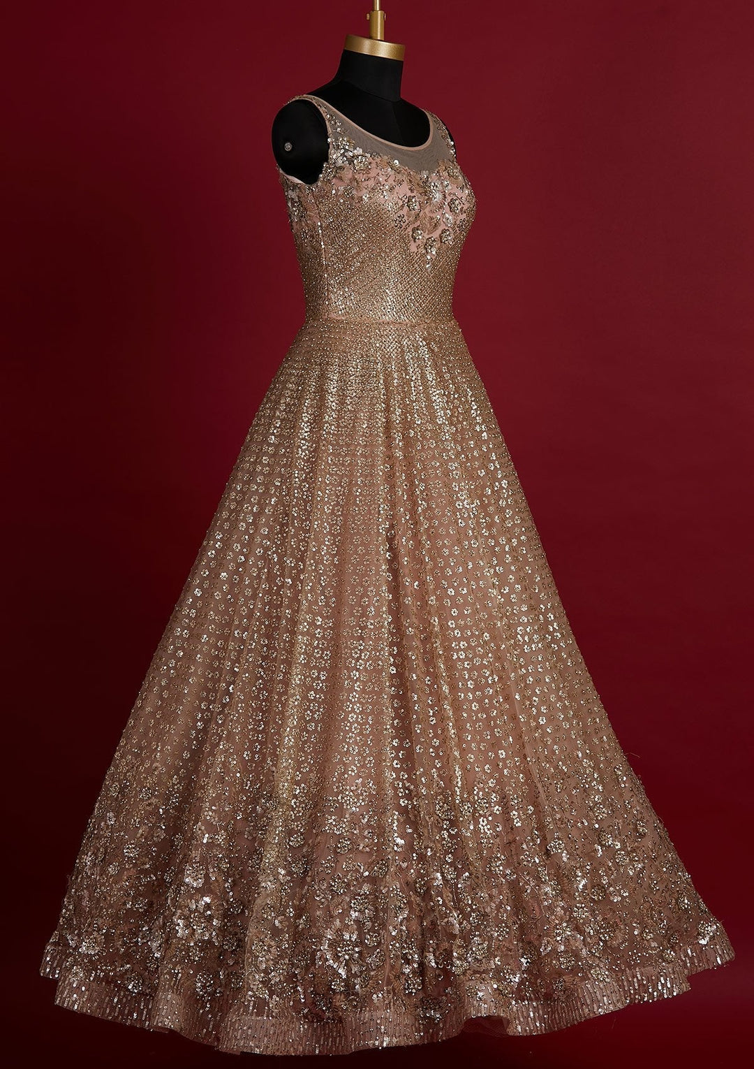 Peach Sequins Net Designer Gown - koskii