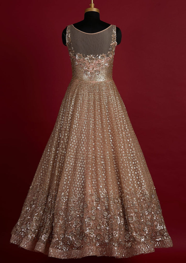 Peach Sequins Net Designer Gown - koskii