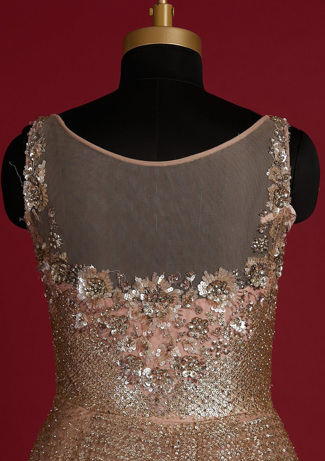 Peach Sequins Net Designer Gown - koskii