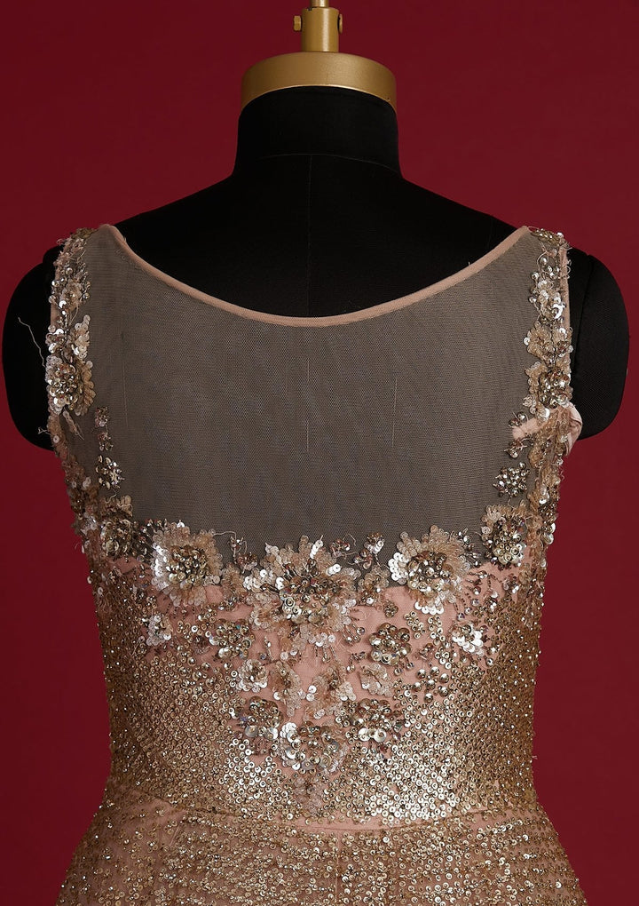 Peach Sequins Net Designer Gown - koskii