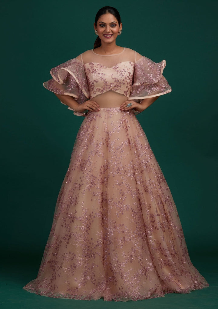 Peach Sequins Net Designer Gown - Koskii