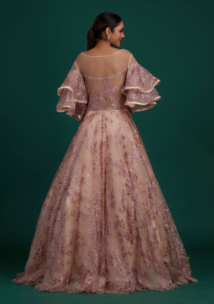 Peach Sequins Net Designer Gown - Koskii