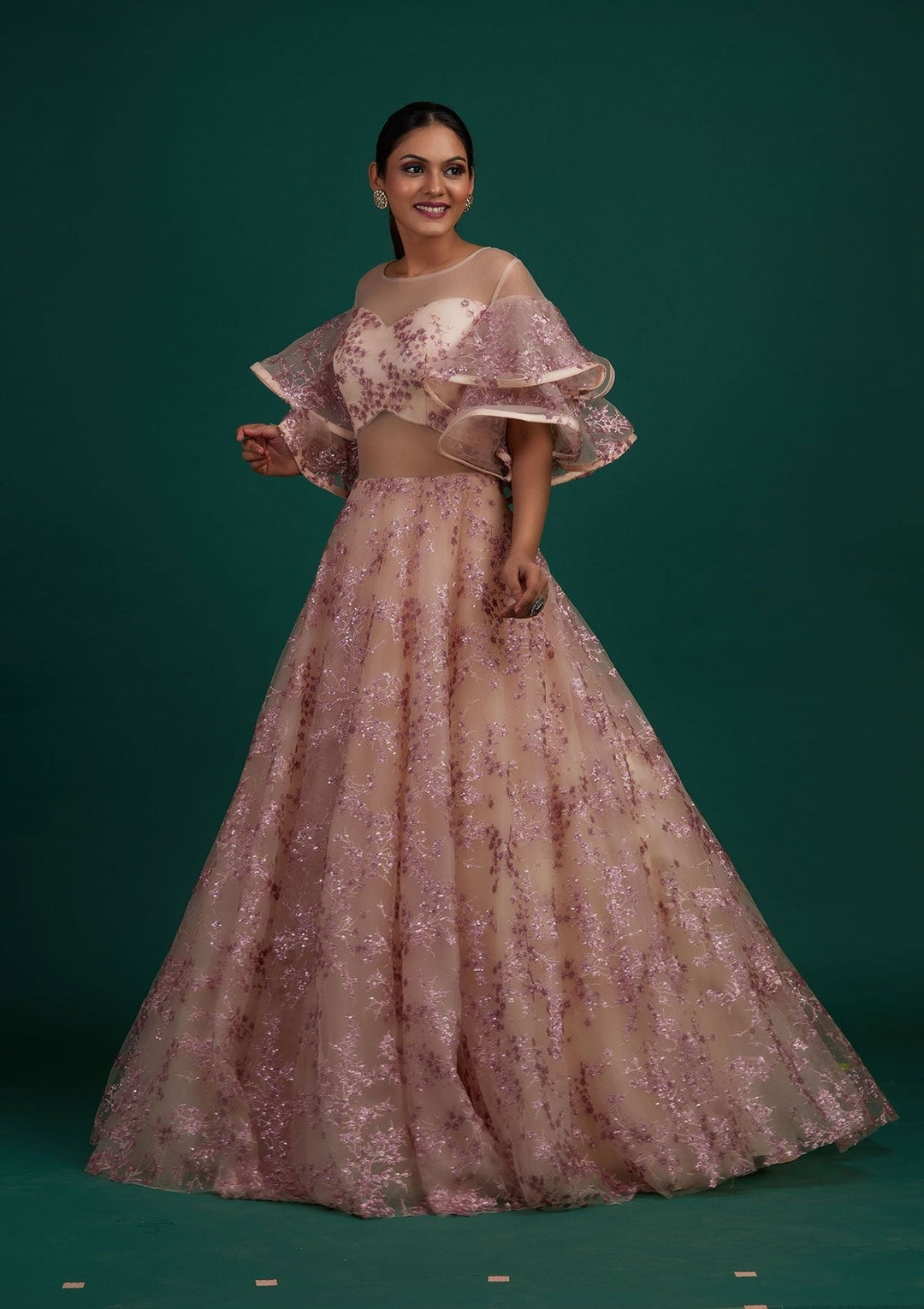 Peach Sequins Net Designer Gown - Koskii