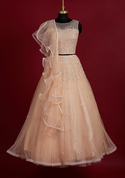 Peach Sequins Net Designer Lehenga - Koskii