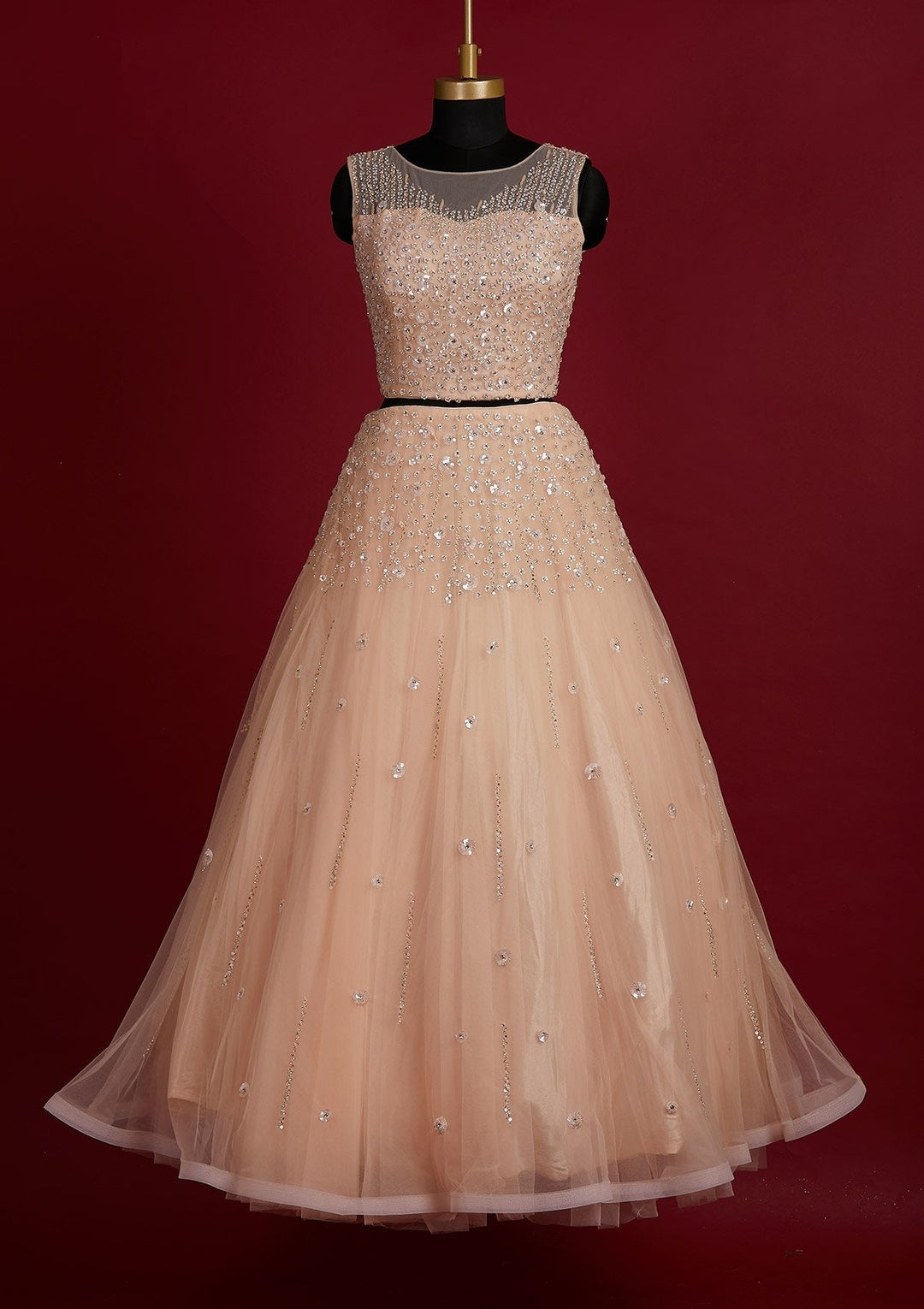 Peach Sequins Net Designer Lehenga - Koskii