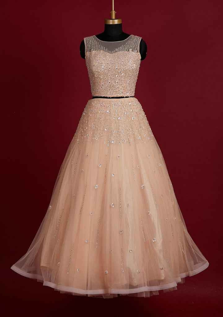 Peach Sequins Net Designer Lehenga - Koskii