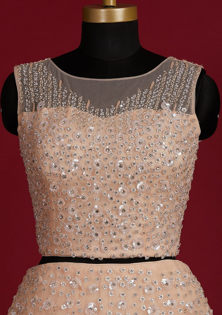 Peach Sequins Net Designer Lehenga - Koskii