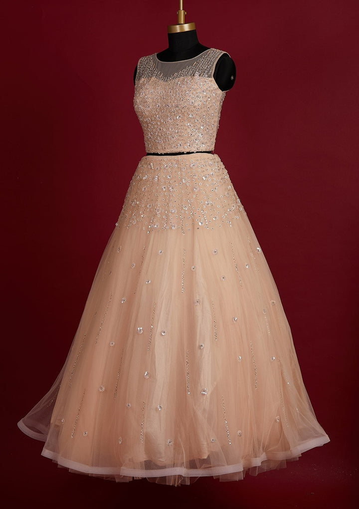 Peach Sequins Net Designer Lehenga - Koskii