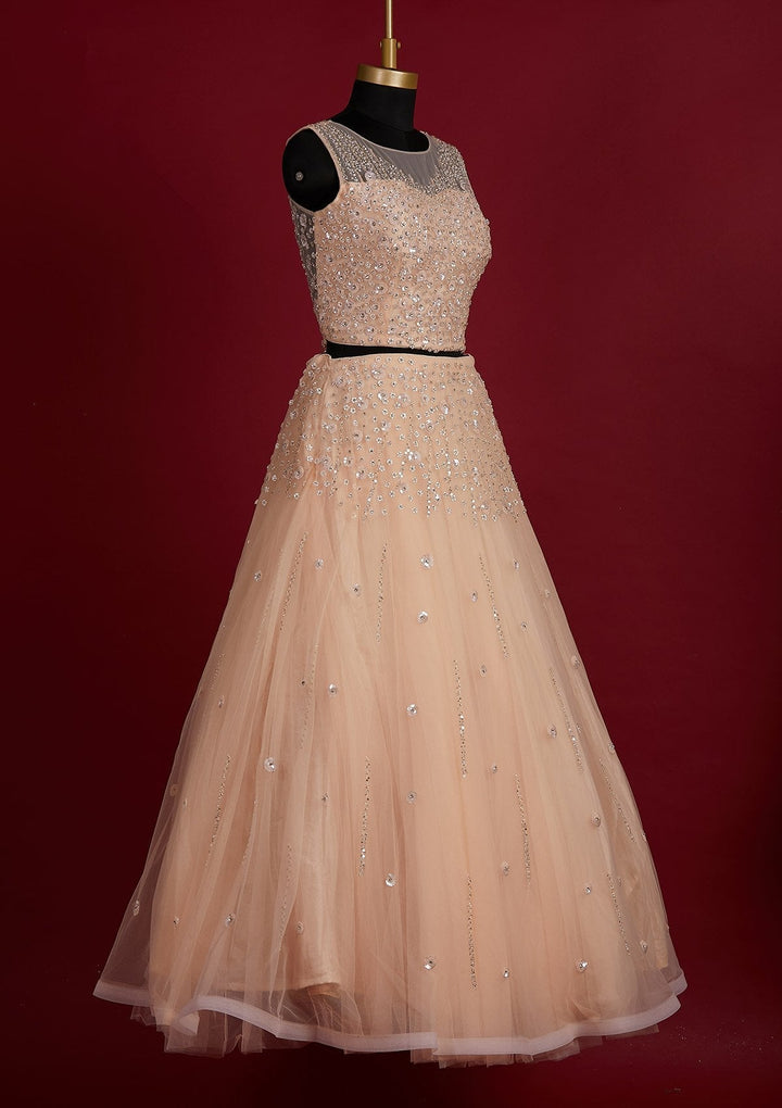 Peach Sequins Net Designer Lehenga - Koskii
