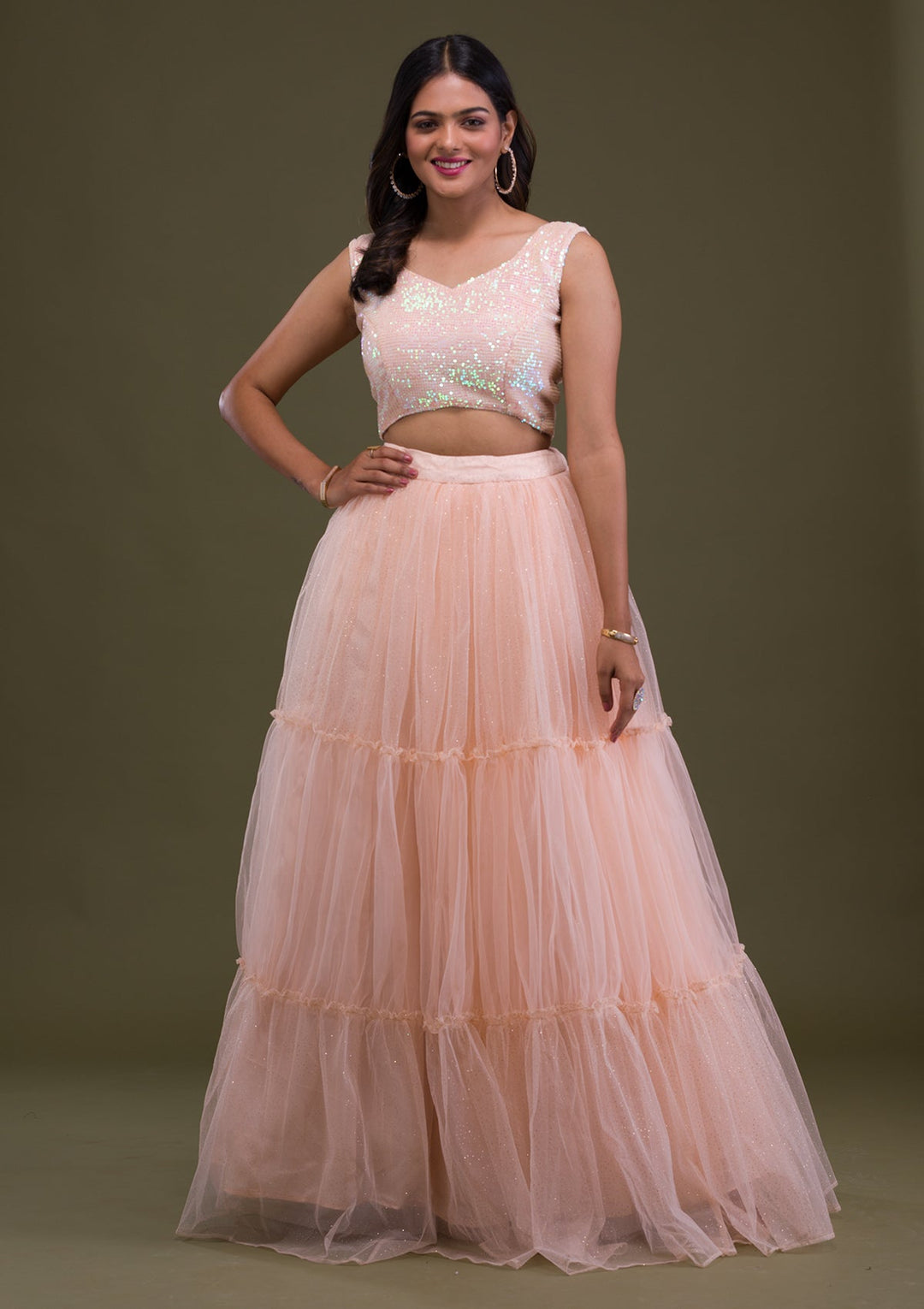 Peach Sequins Net Readymade Lehenga-Koskii