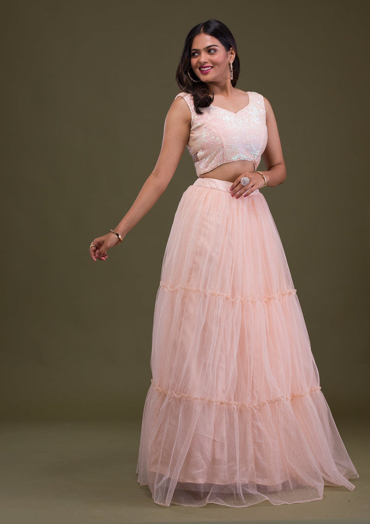 Peach Sequins Net Readymade Lehenga-Koskii