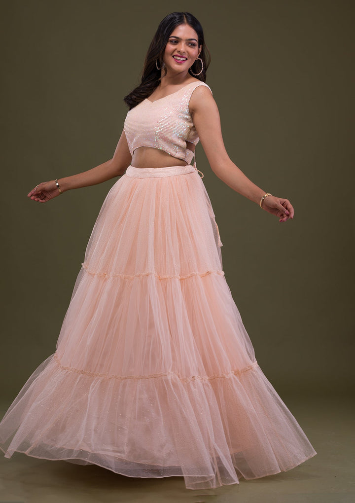 Peach Sequins Net Readymade Lehenga-Koskii