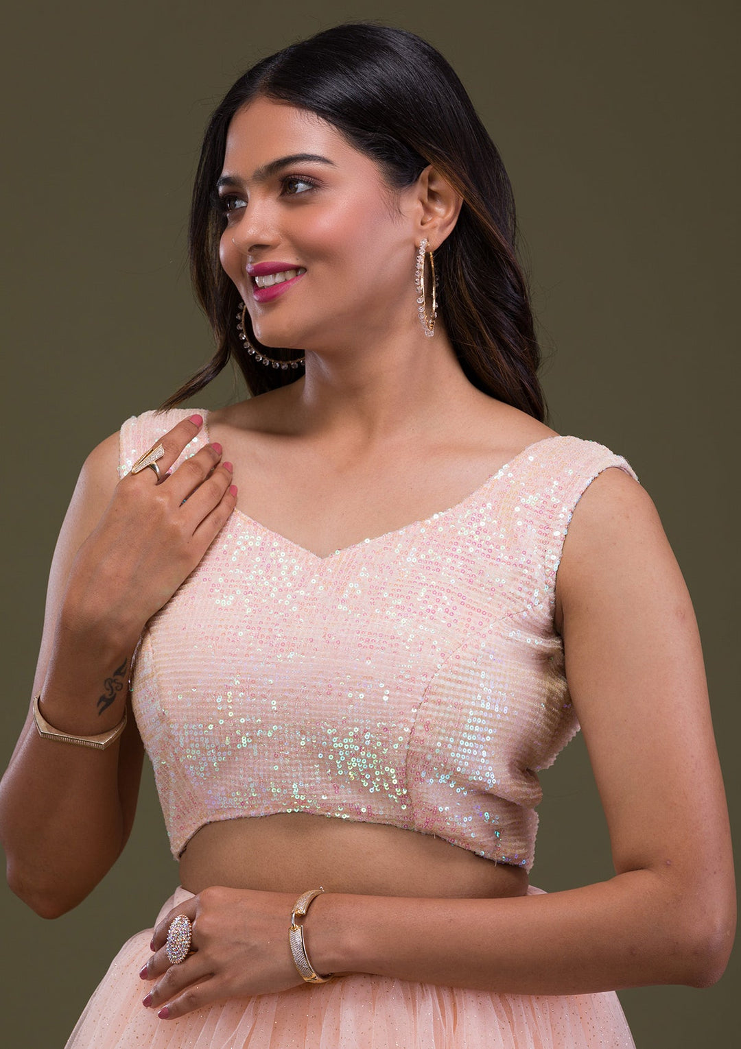 Peach Sequins Net Readymade Lehenga-Koskii