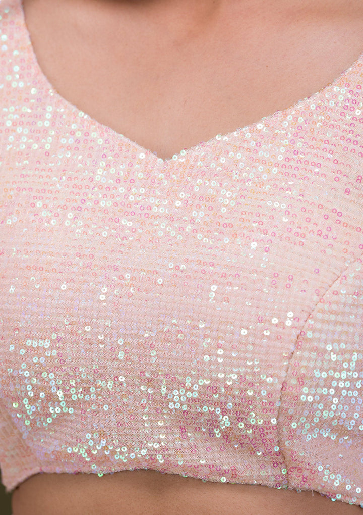 Peach Sequins Net Readymade Lehenga-Koskii