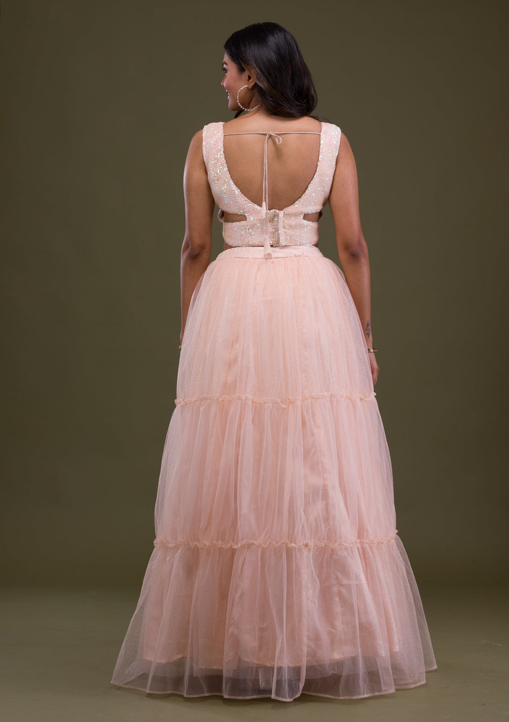 Peach Sequins Net Readymade Lehenga-Koskii